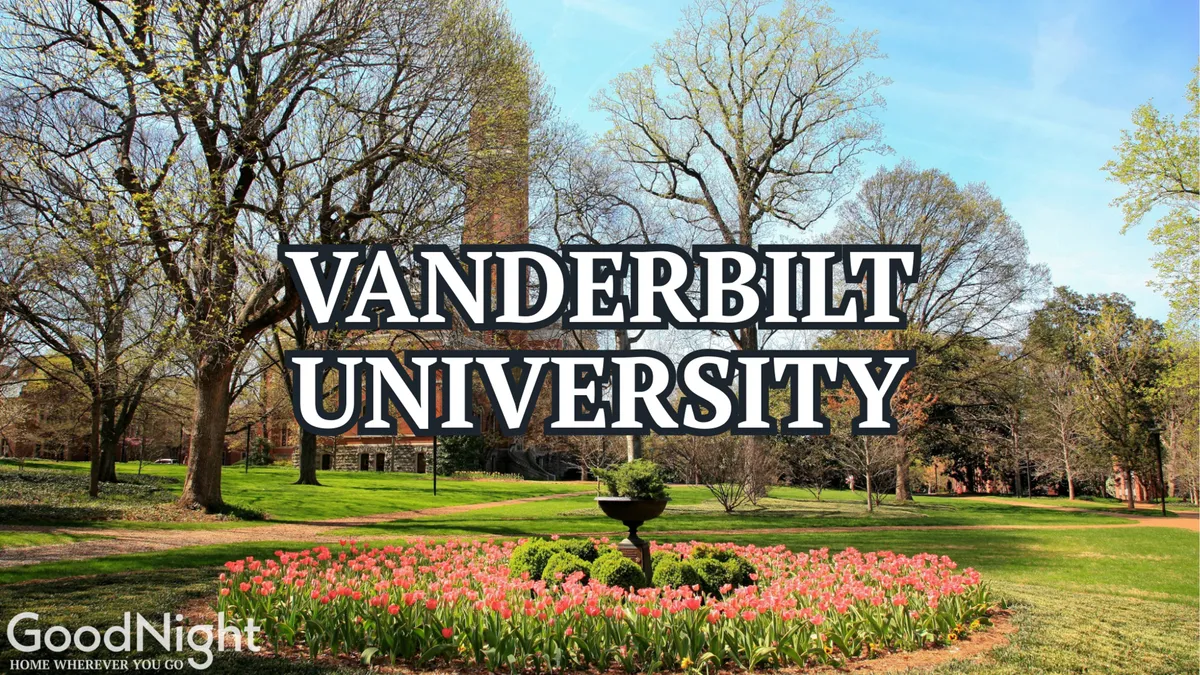 This photo provides a tranquil scene with a university campus fountain, flower beds, and stately academic buildings, evoking the proximity to Vanderbilt University. The open lawn and peaceful atmosphere visually reinforce the section’s emphasis on convenient access to key institutions and venues ideal for business retreats.