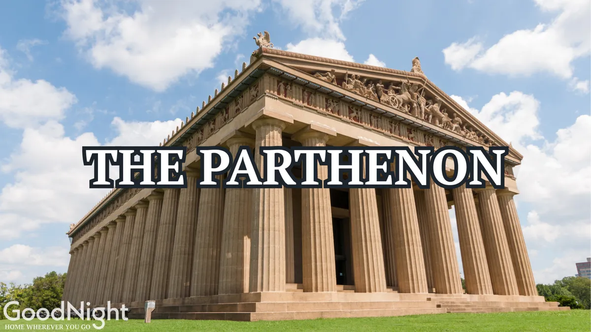 An awe-inspiring view of the Parthenon structure in Centennial Park, showcasing its classical columns and sculptural details against a bright sky. Visitors are seen exploring the area, hinting at educational and recreational opportunities.